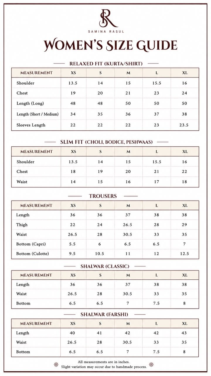 Samina Rasul size chart, measurements in inches